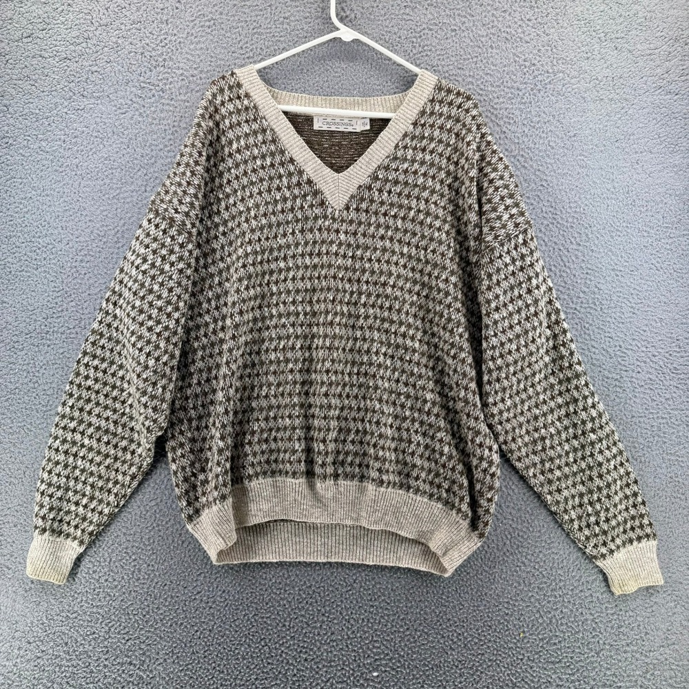 Vtg 90s Crossings Birdseye Knit V-Neck Sweater Men's XL Made in USA Earth Tone